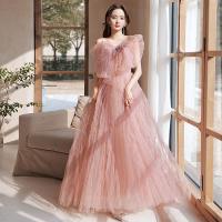 Polyester Waist-controlled & Slim Long Evening Dress backless patchwork pink PC