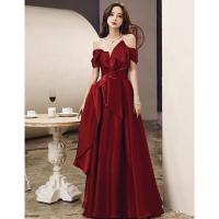 Polyester Slim Long Evening Dress backless & off shoulder patchwork wine red PC