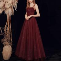 Polyester Waist-controlled & Slim & High Waist Long Evening Dress patchwork wine red PC