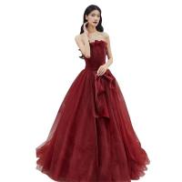 Polyester Waist-controlled & Slim & High Waist Long Evening Dress backless & off shoulder patchwork wine red PC