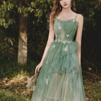 Polyester Waist-controlled & High Waist Long Evening Dress backless patchwork green PC