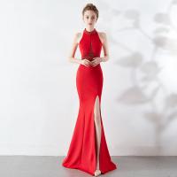 Polyester Waist-controlled Long Evening Dress side slit & with rhinestone Solid PC