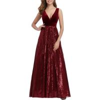 Polyester Waist-controlled & Slim Long Evening Dress deep V patchwork wine red PC