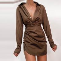 Polyester Waist-controlled Sexy Package Hip Dresses slimming & deep V patchwork Solid brown PC
