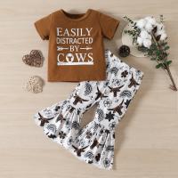 Polyester Girl Clothes Set & two piece Pants & top printed letter brown Set