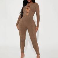 Polyester Long Jumpsuit & skinny & hollow Solid brown PC