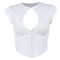 Polyester Crop Top Women Short Sleeve T-Shirts & hollow patchwork Solid PC