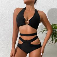 Polyester Bikini & two piece Solid black Set