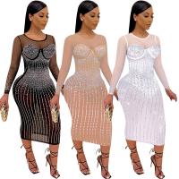 Polyester Slim Sexy Package Hip Dresses see through look & with rhinestone PC