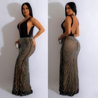 Polyester Slim Sexy Package Hip Dresses see through look & backless & with rhinestone black PC