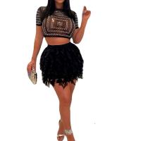 Polyester Crop Top & Plus Size Women Casual Set see through look & two piece skirt & top black Set
