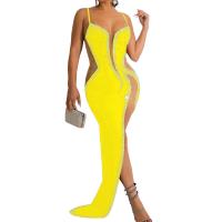 Polyester Slim & Plus Size Long Evening Dress side slit & with rhinestone PC