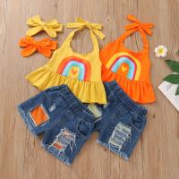 Polyester & Cotton scallop Girl Clothes Set & three piece Hair Band & Pants & top printed Set