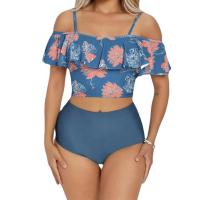 Polyester scallop Tankinis Set & two piece & padded printed floral blue Set