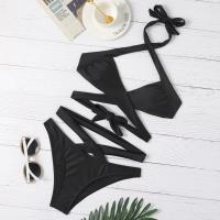 Polyester Bikini & two piece & hollow & padded plain dyed Solid black Set