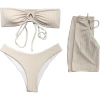 Polyester Bikini backless & three piece & padded plain dyed Solid gray Set