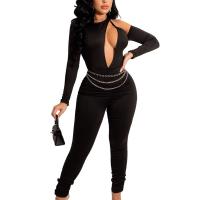 Polyester Long Jumpsuit & skinny & hollow Solid black PC