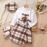 Polyester Slim Girl Clothes Set & three piece Hat & skirt & top patchwork plaid multi-colored Set