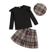 Polyester Slim Girl Clothes Set & three piece Hat & skirt & top patchwork plaid Set