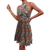 Polyester Pleated One-piece Dress mid-long style & backless printed green PC