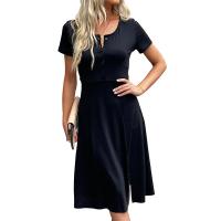 Polyester One-piece Dress mid-long style & side slit Spandex patchwork Solid black PC