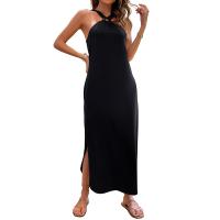 Polyester One-piece Dress deep V & side slit & off shoulder & loose Spandex patchwork Solid black PC