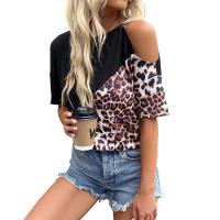 Polyester Women Short Sleeve T-Shirts & loose & hollow Spandex patchwork leopard black PC