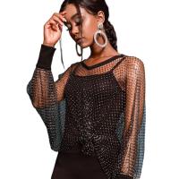 Fiberglass & Plastic Women Long Sleeve T-shirt hollow & with rhinestone Solid black : PC