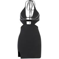 Polyester Slim & High Waist Sexy Package Hip Dresses deep V & side slit & backless & off shoulder & hollow patchwork Solid black PC
