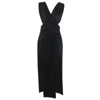 Polyester Slim One-piece Dress side slit & backless & hollow patchwork Solid black PC
