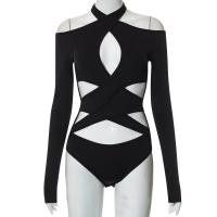Polyester Slim & Crop Top Women Jumpsuit & hollow patchwork Solid black PC