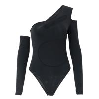 Polyester Slim Women Jumpsuit backless & off shoulder & One Shoulder patchwork Solid black PC