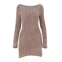 Polyester Slim Sexy Package Hip Dresses & off shoulder knitted Solid brown PC