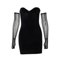 Polyester Slim Tube Top Dress backless & off shoulder patchwork Solid black PC