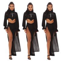 Polyester Plus Size Women Casual Set side slit & backless & two piece Long Trousers & top printed black Set