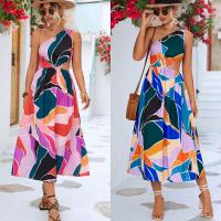Polyester One-piece Dress mid-long style & hollow & One Shoulder patchwork PC
