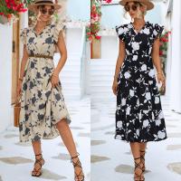 Polyester One-piece Dress mid-long style & deep V printed floral PC