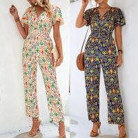 Polyester Long Jumpsuit deep V printed PC