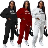 Polyester Women Casual Set fleece & two piece & loose & with pocket Long Trousers & top patchwork letter Set