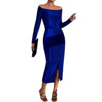 Polyester front slit One-piece Dress mid-long style Sequin Solid blue PC