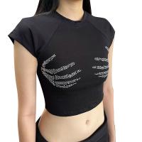 Poliéster Mujeres Camisetas de manga corta, labor de retazos, negro,  trozo