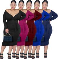 Polyester Plus Size Sexy Package Hip Dresses mid-long style & deep V Solid PC