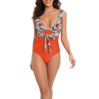 Polyester One-piece Swimsuit deep V & skinny style printed PC
