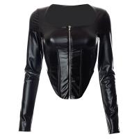 PU Leather Slim Women Long Sleeve Blouses patchwork Solid black PC