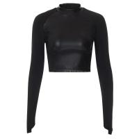 Polyester Slim & Crop Top Women Long Sleeve Blouses patchwork Solid black PC
