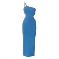 Polyester Waist-controlled & Slim & High Waist Sexy Package Hip Dresses backless & off shoulder & One Shoulder patchwork Solid blue PC