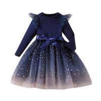 Polyester Girl One-piece Dress with bowknot Gauze patchwork star pattern deep blue PC