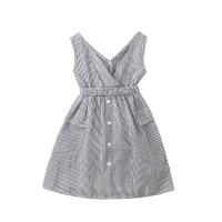 Cotton Girl One-piece Dress deep V striped gray PC