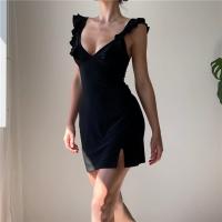 Polyester scallop Sexy Package Hip Dresses deep V & side slit & backless Spandex patchwork Solid white and black PC