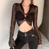 Polyester Crop Top Women Long Sleeve T-shirt see through look Spandex patchwork Solid black PC